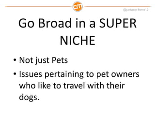 Go Broad in a SUPER NICHE Not just Pets Issues pertaining to pet owners who like to travel with their dogs. 