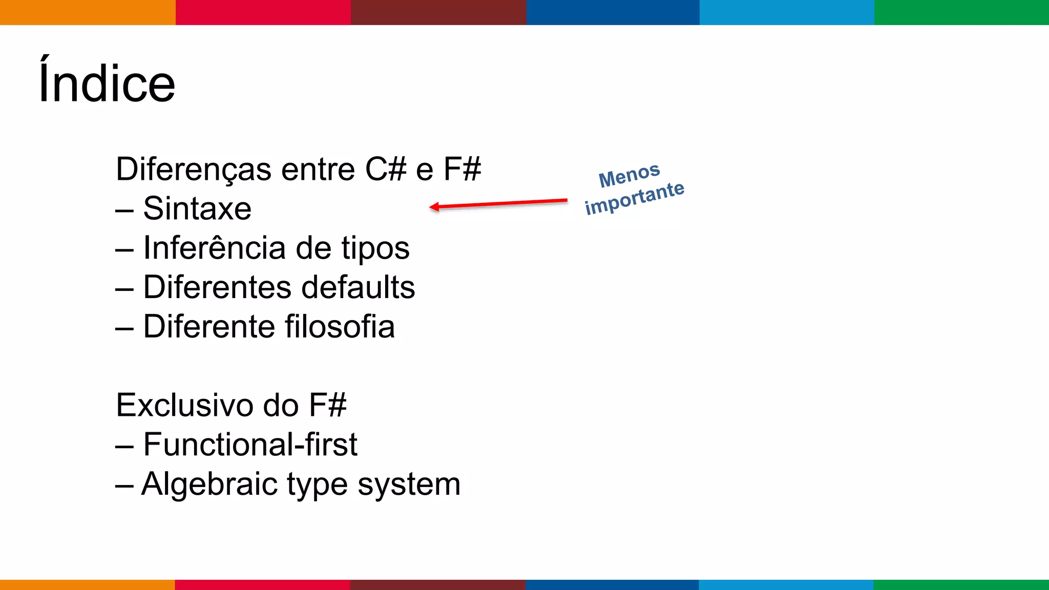 Globalcode – Open4education
Índice
Diferenças entre C# e F#
– Sintaxe
– Inferência de tipos
– Diferentes defaults
– Diferente filosofia
Exclusivo do F#
– Functional-first
– Algebraic type system
 