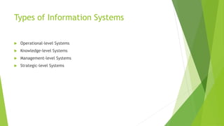 Types of Information Systems
 Operational-level Systems
 Knowledge-level Systems
 Management-level Systems
 Strategic-level Systems
 