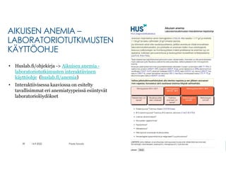 • Huslab.fi/ohjekirja -> Aikuisen anemia -
laboratoriotutkimusten interaktiivinen
käyttöohje (huslab.fi/anemia)
• Interakt...