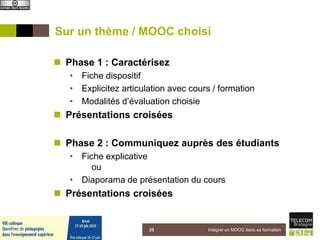 Sur un thème / MOOC choisi
 Phase 1 : Caractérisez
• Fiche dispositif
• Explicitez articulation avec cours / formation
• Modalités d’évaluation choisie
 Présentations croisées
 Phase 2 : Communiquez auprès des étudiants
• Fiche explicative
ou
• Diaporama de présentation du cours
 Présentations croisées
Intégrer un MOOC dans sa formation255 juin 2015
 