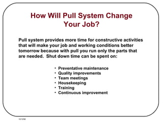 How Will Pull System Change Your Job? Preventative maintenance Quality improvements Team meetings Housekeeping Training Continuous improvement Pull system provides more time for constructive activities  that will make your job and working conditions better tomorrow because with pull you run only the parts that are needed.  Shut down time can be spent on: 10/12/98 