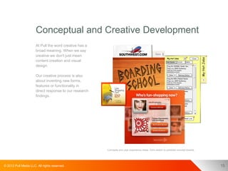 Conceptual and Creative Development
                      At Pull the word creative has a
                      broad meaning. When we say
                      creative we don't just mean
                      content creation and visual
                      design.

                      Our creative process is also
                      about inventing new forms,
                      features or functionality in
                      direct response to our research
                      findings.




                                                        Concepts and user experience ideas from sketch to polished concept boards.




© 2012 Pull Media LLC. All rights reserved.                                                                                          15
 
