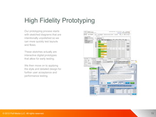 High Fidelity Prototyping
                      Our prototyping process starts
                      with sketched diagrams that are
                      intentionally unpolished so we
                      can more quickly test layouts
                      and flows.

                      These sketches actually are
                      interactive digital prototypes
                      that allow for early testing.

                      We then move on to applying
                      the style and detailed design for
                      further user acceptance and
                      performance testing.




© 2012 Pull Media LLC. All rights reserved.               19
 
