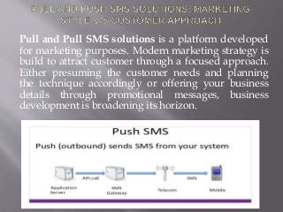 Pull and Pull SMS solutions is a platform developed
for marketing purposes. Modern marketing strategy is
build to attract customer through a focused approach.
Either presuming the customer needs and planning
the technique accordingly or offering your business
details through promotional messages, business
development is broadening its horizon.
 