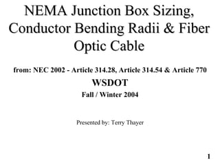 1
NEMA Junction Box Sizing,NEMA Junction Box Sizing,
Conductor Bending Radii & FiberConductor Bending Radii & Fiber
Optic CableOptic Cable
from: NEC 2002 - Article 314.28, Article 314.54 & Article 770
WSDOT
Fall / Winter 2004
Presented by: Terry Thayer
 