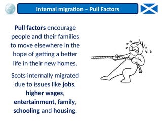 Pull factors encourage
people and their families
to move elsewhere in the
hope of getting a better
life in their new homes.
Scots internally migrated
due to issues like jobs,
higher wages,
entertainment, family,
schooling and housing.
Internal migration – Pull Factors
 