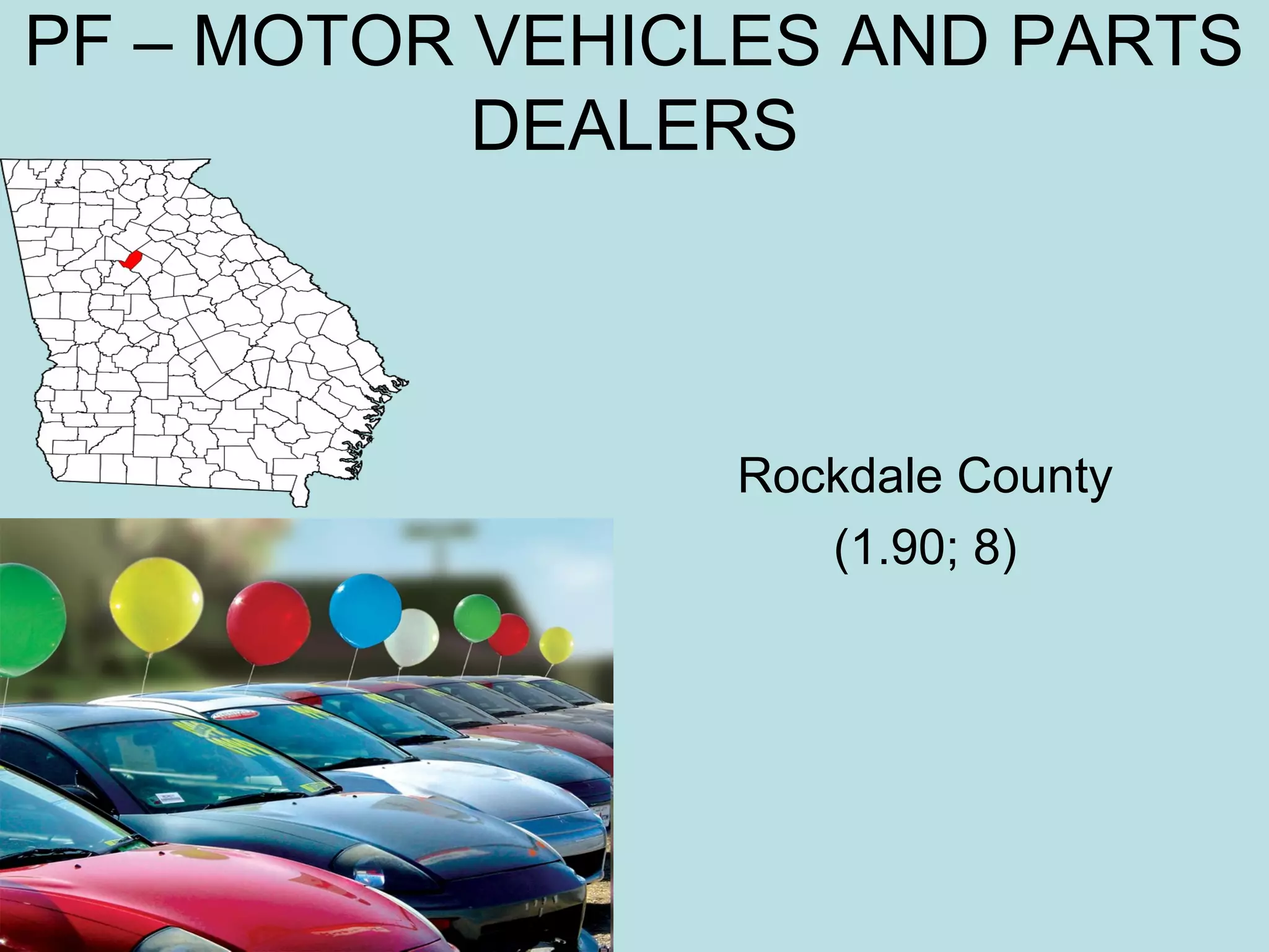 PF – MOTOR VEHICLES AND PARTS
DEALERS

Rockdale County
(1.90; 8)

 