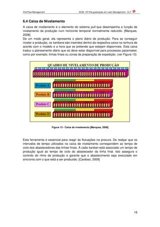 Pull Flow Management SCM, 13ª Pós-graduação em Lean Management , CLT
18
6.4 Caixa de Nivelamento
A caixa de nivelamento é o elemento do sistema pull que desempenha a função de
nivelamento da produção num horizonte temporal normalmente reduzido. [Marques,
2008]
De um modo geral, ela representa o plano diário de produção. Para se conseguir
nivelar a produção, os kanbans são inseridos dentro da respectiva caixa na ranhura de
acordo com o modelo e a hora que se pretende que estejam disponíveis. Esta caixa
traduz o planeamento diário que só deve estar disponível para processos pacemaker,
como por exemplo, linhas finais ou zonas de preparação de expedição. (ver Figura 13)
Figura 13 - Caixa de nivelamento [Marques, 2008]
Esta ferramenta é essencial para reagir às flutuações na procura. De realçar que os
intervalos de tempo utilizados na caixa de nivelamento correspondem ao tempo de
ciclo dos abastecedores das linhas finais. A cada kanban está associado um tempo de
produção igual ao tempo de ciclo do abastecedor da linha final. Isto assegura o
controlo do ritmo de produção e garante que o abastecimento seja executado em
sincronia com o que está a ser produzido. [Cardoso, 2009]
 
