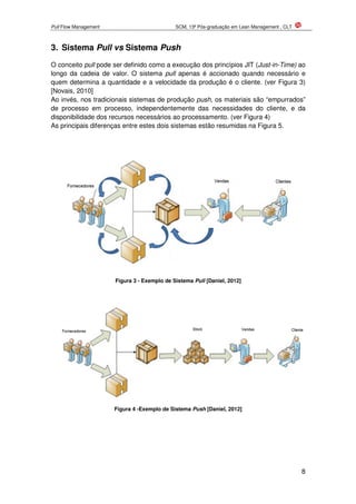 Pull Flow Management SCM, 13ª Pós-graduação em Lean Management , CLT
8
3. Sistema Pull vs Sistema Push
O conceito pull pode ser definido como a execução dos princípios JIT (Just-in-Time) ao
longo da cadeia de valor. O sistema pull apenas é accionado quando necessário e
quem determina a quantidade e a velocidade da produção é o cliente. (ver Figura 3)
[Novais, 2010]
Ao invés, nos tradicionais sistemas de produção push, os materiais são “empurrados”
de processo em processo, independentemente das necessidades do cliente, e da
disponibilidade dos recursos necessários ao processamento. (ver Figura 4)
As principais diferenças entre estes dois sistemas estão resumidas na Figura 5.
Figura 3 - Exemplo de Sistema Pull [Daniel, 2012]
Figura 4 -Exemplo de Sistema Push [Daniel, 2012]
 