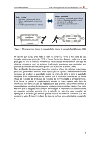 Pull Flow Management SCM, 13ª Pós-graduação em Lean Management , CLT
9
Figura 5 - Diferença entre o sistema de produção Pull e sistema de produção Push [Cardoso, 2009]
O sistema pull surgiu entre 1950 e 1960 na empresa Toyota e fez parte do seu
inovador sistema de produção (TPS – Toyota Production System), onde toda a sua
produção era feita e orientada mediante as necessidades do cliente final. Este tipo de
sistema contrastava com os sistemas tradicionais americanos que produziam em
grandes quantidades sem se preocuparem com a procura. [Cardoso, 2009]
Com a utilização do sistema pull é possível optimizar o fluxo de materiais no processo
produtivo, garantindo a sincronia entre a produção e a logística. Através desta sintonia
consegue-se produzir a quantidade exacta no momento certo e com a qualidade
desejada. Para implementação do sistema pull é imperativo controlar-se de forma
eficaz os recursos de produção, os recursos de movimentação e armazenamento.
Esta forma de gestão é complementada através da troca imposta pelo fluxo de
informação que torna visíveis as necessidades dos clientes. Isto permite eliminar a
necessidade de visualização do plano de produção diário em toda a fábrica. Este facto
faz com que as secções produzam por antecipação. A implementação deste sistema
no processo produtivo começa com a redução do lead-time para executar as
operações, e essa redução deve ter grande enfoque em todos os processos que não
acrescente valor. Existem três tipos de sistema pull que serão abordados no capítulo
4.
 