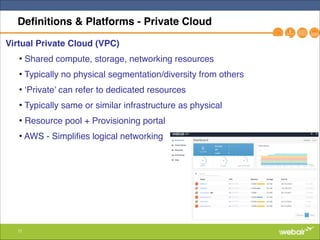 11
Definitions & Platforms - Private Cloud
Virtual Private Cloud (VPC)!
• Shared compute, storage, networking resources"
• Typically no physical segmentation/diversity from others "
• ‘Private’ can refer to dedicated resources"
• Typically same or similar infrastructure as physical "
• Resource pool + Provisioning portal "
• AWS - Simplifies logical networking"
"
 