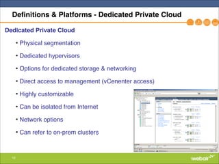 12
Definitions & Platforms - Dedicated Private Cloud
Dedicated Private Cloud !
• Physical segmentation"
• Dedicated hypervisors"
• Options for dedicated storage & networking"
• Direct access to management (vCenenter access)"
• Highly customizable"
• Can be isolated from Internet "
• Network options"
• Can refer to on-prem clusters
 