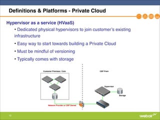 13
Definitions & Platforms - Private Cloud
Hypervisor as a service (HVaaS)!
• Dedicated physical hypervisors to join customer’s existing
infrastructure"
• Easy way to start towards building a Private Cloud"
• Must be mindful of versioning"
• Typically comes with storage
 