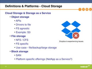 14
Definitions & Platforms - Cloud Storage
Cloud Storage & Storage as a Service!
• Object storage!
• APIs"
• Drivers to file"
• FS agnostic"
• Example: S3 "
• File storage!
• NFS / CFS"
• FS specific"
• Use case - file/backup/large storage"
• Block storage!
• SAN"
• Platform specific offerings (NetApp as a Service?)
 