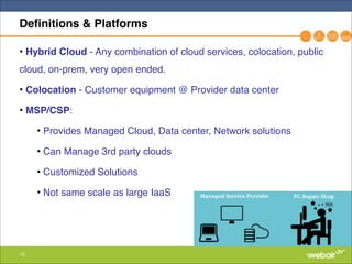 15
Definitions & Platforms
• Hybrid Cloud - Any combination of cloud services, colocation, public
cloud, on-prem, very open ended."
• Colocation - Customer equipment @ Provider data center"
• MSP/CSP:"
• Provides Managed Cloud, Data center, Network solutions"
• Can Manage 3rd party clouds "
• Customized Solutions"
• Not same scale as large IaaS"
"
 