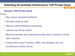 24
Extending On-premises Infrastructure: CSP Private Cloud
Solution: CSP Private Cloud!
"
• May require contract/commitment"
• Not same scale as IaaS"
• Requires Internet/Network connectivity"
• Latency may still be a factor"
• Must trust provider and understand exactly what’s included in service
(don’t assume)"
• Careful when using IT vendors, VARs, web designers who are
providing as ancillary service
Cons
 