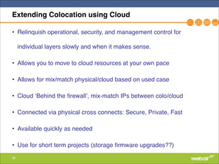 30
Extending Colocation using Cloud
• Relinquish operational, security, and management control for
individual layers slowly and when it makes sense."
• Allows you to move to cloud resources at your own pace"
• Allows for mix/match physical/cloud based on used case"
• Cloud ‘Behind the firewall’, mix-match IPs between colo/cloud"
• Connected via physical cross connects: Secure, Private, Fast"
• Available quickly as needed"
• Use for short term projects (storage firmware upgrades??)
 