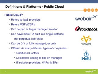 9
Definitions & Platforms - Public Cloud
Public Cloud?!
• Refers to IaaS providers"
• Refers MSPs/CSPs"
• Can be part of larger managed solution"
• Can have more HA built into single instance "
" (for perpetual use VMs) "
• Can be DIY or fully managed, or both"
• Offered via many different types of companies:"
• Traditional Hosters"
• Colocation looking to bolt on managed"
• IT solution providers, VARs, MSPs
 