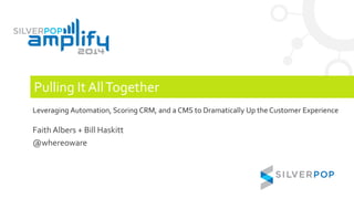 Pulling It AllTogether
Leveraging Automation, Scoring CRM, and a CMS to Dramatically Up the Customer Experience
Faith Albers + Bill Haskitt
@whereoware
 