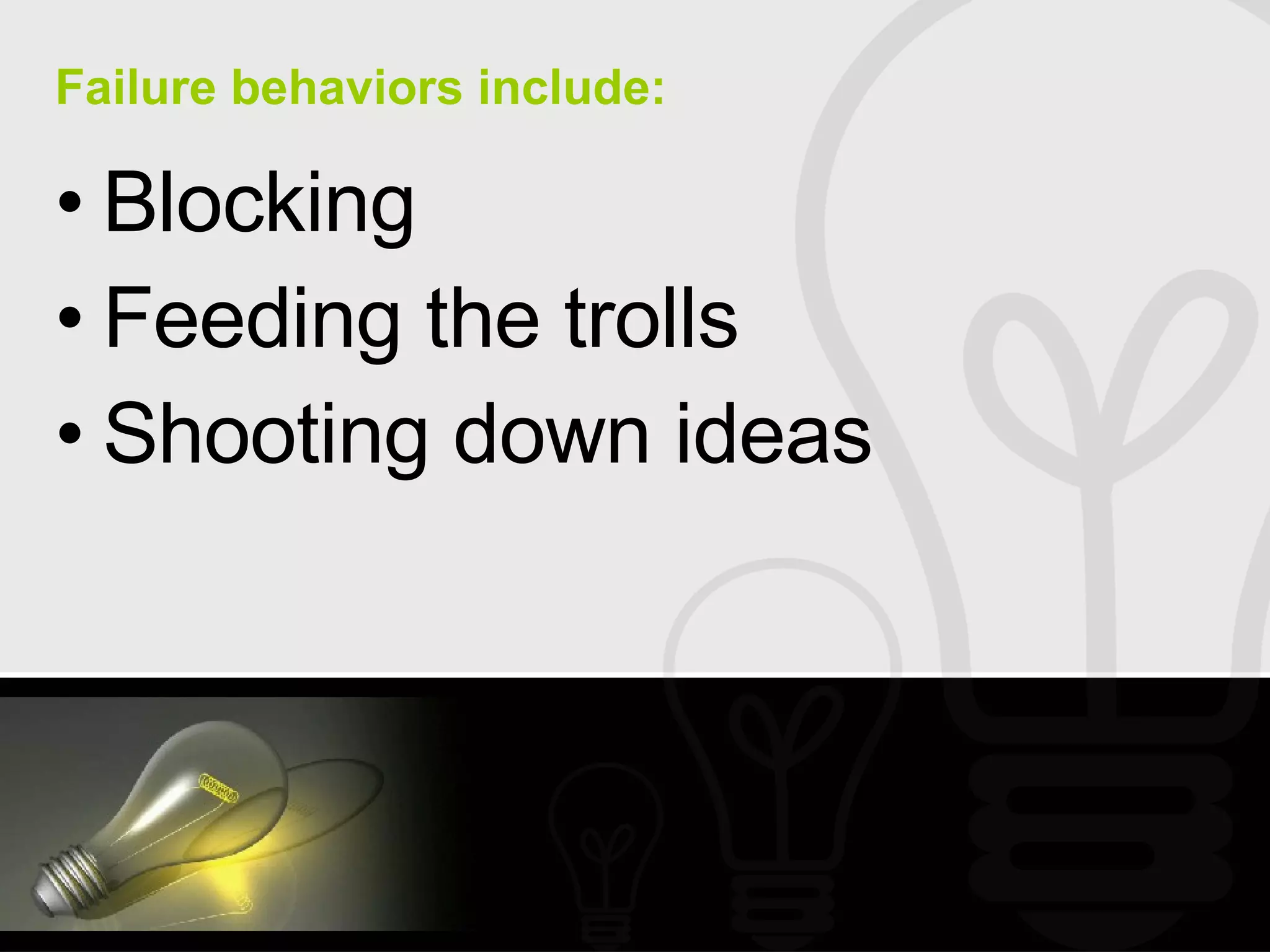 Failure behaviors include: Blocking Feeding the trolls Shooting down ideas 