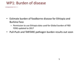 WP1: Burden of disease
• Estimate burden of foodborne disease for Ethiopia and
Burkina Faso
– Permission to use Ethiopia data used for Global burden of FBD
FERG updated to 2017
• Pull-Push and TARTARE pathogen burden results out soon
5
 