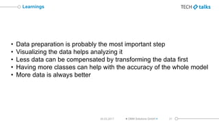 • Data preparation is probably the most important step
• Visualizing the data helps analyzing it
• Less data can be compen...