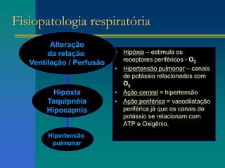 Fisiopatologia respiratória
• Hipóxia – estimula os
receptores periféricos - O2
• Hipertensão pulmonar – canais
de potássio relacionados com
O2
• Ação central = hipertensão
• Ação periférica = vasodilatação
periférica já que os canais de
potássio se relacionam com
ATP e Oxigênio.
Alteração
da relação
Ventilação / Perfusão
Hipóxia
Taquipnéia
Hipocapnia
Hipertensão
pulmonar
 