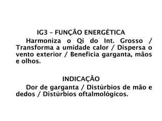 INTESTINO GROSSO
IG3 – FUNÇÃO ENERGÉTICA
Harmoniza o Qi do Int. Grosso /
Transforma a umidade calor / Dispersa o
vento exterior / Beneficia garganta, mãos
e olhos.
INDICAÇÃO
Dor de garganta / Distúrbios de mão e
dedos / Distúrbios oftalmológicos.
 