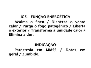 INTESTINO GROSSO
IG5 – FUNÇÃO ENERGÉTICA
Acalma o Shen / Dispersa o vento
calor / Purga o fogo patogênico / Liberta
o exterior / Transforma a umidade calor /
Elimina a dor.
INDICAÇÃO
Parestesia em MMSS / Dores em
geral / Zumbido.
 