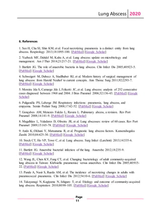 Lung Abscess 2020
Page
11
6. References
1. Seo H, Cha SI, Shin KM, et al. Focal necrotizing pneumonia is a distinct entity from lung
abscess. Respirology 2013;18:1095-100. [PubMed] [Google Scholar]
2. Yazbeck MF, Dahdel M, Kalra A, et al. Lung abscess: update on microbiology and
management. Am J Ther 2014;21:217-21. [PubMed] [Google Scholar]
3. Bartlett JG. The role of anaerobic bacteria in lung abscess. Clin Infect Dis 2005;40:923-5.
[PubMed] [Google Scholar]
4. Schweigert M, Dubecz A, Stadlhuber RJ, et al. Modern history of surgical management of
lung abscess: from Harold Neuhof to current concepts. Ann Thorac Surg 2011;92:2293-7.
[PubMed] [Google Scholar]
5. Moreira Jda S, Camargo Jde J, Felicetti JC, et al. Lung abscess: analysis of 252 consecutive
cases diagnosed between 1968 and 2004. J Bras Pneumol 2006;32:136-43. [PubMed] [Google
Scholar]
6. Puligandla PS, Laberge JM. Respiratory infections: pneumonia, lung abscess, and
empyema. Semin Pediatr Surg 2008;17:42-52. [PubMed] [Google Scholar]
7. Gonçalves AM, Menezes Falcão L, Ravara L. Pulmonary abcess, a revision. Rev Port
Pneumol 2008;14:141-9. [PubMed] [Google Scholar]
8. Magalhães L, Valadares D, Oliveira JR, et al. Lung abscesses: review of 60 cases. Rev Port
Pneumol 2009;15:165-78. [PubMed] [Google Scholar]
9. Ando K, Okhuni Y, Matsunuma R, et al. Prognostic lung abscess factors. Kansenshogaku
Zasshi 2010;84:425-30. [PubMed] [Google Scholar]
10. Stock CT, Ho VP, Towe C, et al. Lung abscess. Surg Infect (Larchmt) 2013;14:335-6.
[PubMed] [Google Scholar]
11. Bartlett JG. Anaerobic bacterial infection of the lung. Anaerobe 2012;18:235-9.
[PubMed] [Google Scholar]
12. Wang JL, Chen KY, Fang CT, et al. Changing bacteriology of adult community-acquired
lung abscess in Taiwan: Klebsiella pneumoniae versus anaerobes. Clin Infect Dis 2005;40:915-
22. [PubMed] [Google Scholar]
13. Pande A, Nasir S, Rueda AM, et al. The incidence of necrotizing changes in adults with
pneumococcal pneumonia. Clin Infect Dis 2012;54:10-6. [PubMed] [Google Scholar]
14. Takayanagi N, Kagiyama N, Ishiguro T, et al. Etiology and outcome of community-acquired
lung abscess. Respiration 2010;80:98-105. [PubMed] [Google Scholar]
 