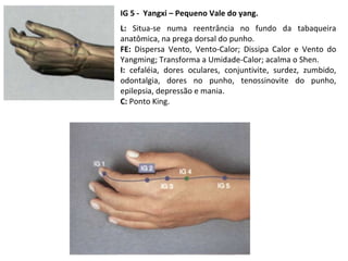 IG 5 - Yangxi – Pequeno Vale do yang.
L: Situa-se numa reentrância no fundo da tabaqueira
anatômica, na prega dorsal do punho.
FE: Dispersa Vento, Vento-Calor; Dissipa Calor e Vento do
Yangming; Transforma a Umidade-Calor; acalma o Shen.
I: cefaléia, dores oculares, conjuntivite, surdez, zumbido,
odontalgia, dores no punho, tenossinovite do punho,
epilepsia, depressão e mania.
C: Ponto King.
 