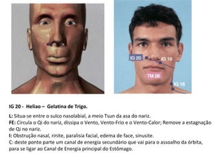 IG 20 - Heliao – Gelatina de Trigo.
L: Situa-se entre o sulco nasolabial, a meio Tsun da asa do nariz.
FE: Circula o Qi do nariz, dissipa o Vento, Vento-Frio e o Vento-Calor; Remove a estagnação
de Qi no nariz.
I: Obstrução nasal, rinite, paralisia facial, edema de face, sinusite.
C: deste ponto parte um canal de energia secundário que vai para o assoalho da órbita,
para se ligar ao Canal de Energia principal do Estômago.
 