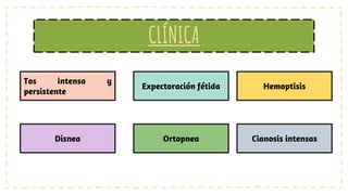 CLÍNICA
Tos intensa y
persistente
Expectoración fétida Hemoptisis
Disnea Ortopnea Cianosis intensas
 