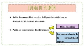 EDEMA DE PULMÓN
★ Salida de una cantidad excesiva de líquido intersticial que se
acumula en los espacios alveolares.
★ Puede ser consecuencias de alteraciones:
Hemodinámicas
Incremento directo de
la permeabilidad
capilar
 
