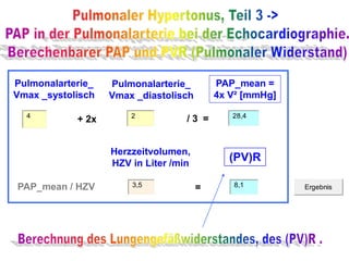 Ergebnis
4
Pulmonalarterie_
Vmax _systolisch
Pulmonalarterie_
Vmax _diastolisch
+ 2x 2
/ 3 =
PAP_mean =
4x V² [mmHg]
28,4
(PV)R
Herzzeitvolumen,
HZV in Liter /min
3,5 8,1
PAP_mean / HZV =
 