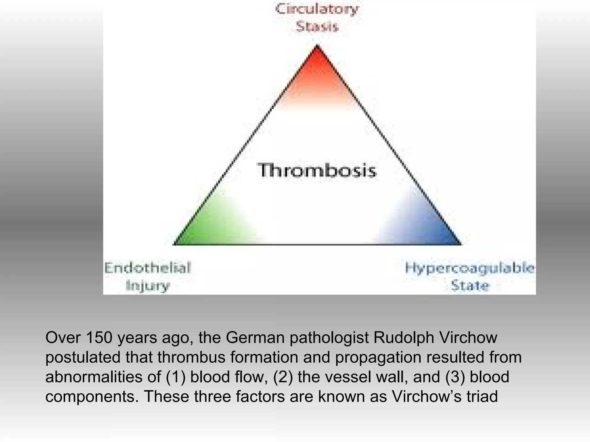Over 150 years ago, the German pathologist Rudolph Virchow
postulated that thrombus formation and propagation resulted from
abnormalities of (1) blood flow, (2) the vessel wall, and (3) blood
components. These three factors are known as Virchow’s triad
 