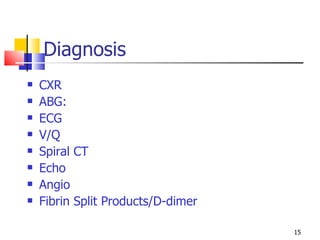 Diagnosis CXR ABG:  ECG V/Q Spiral CT Echo Angio Fibrin Split Products/D-dimer 
