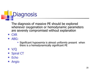 Diagnosis The diagnosis of massive PE should be explored whenever oxygenation or hemodynamic parameters are severely compromised without explanation CXR ABG:  Significant hypoxemia is almost uniformly present  when there is a hemodynamically significant PE V/Q Spiral CT Echo Angio 