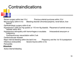 Contraindications Relative Recent surgery within last 10 d Previous arterial punctures within 10 d Neurosurgery within 6 mo Bleeding disorder (thrombocytopenia, renal failure, liver failure) Ophthalmologic surgery within 6 wk Hypertension >200 mm Hg systolic or 110 mm Hg diastolic Placement of central venous catheter within 48 h Hypertensive retinopathy with hemorrhages or exudates Intracerebral aneurysm or malignancy Cardiopulmonary resuscitation within 2 wk Cerebrovascular disease Major internal bleeding within the last 6 mo Pregnancy and the 1st 10 d postpartum Infectious endocarditis Severe trauma within 2 mo Pericarditis Absolute Active internal bleeding 