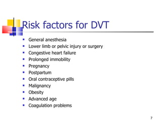 Risk factors for DVT General anesthesia Lower limb or pelvic injury or surgery Congestive heart failure Prolonged immobility Pregnancy Postpartum Oral contraceptive pills Malignancy  Obesity Advanced age Coagulation problems 