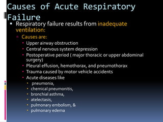 Causes of Acute Respiratory
Failure
 Respiratory failure results from inadequate
ventilation:
 Causes are:
 Upper airway obstruction
 Central nervous system depression
 Postoperative period ( major thoracic or upper abdominal
surgery)
 Pleural effusion, hemothorax, and pneumothorax
 Trauma caused by motor vehicle accidents
 Acute diseases like
 pneumonia,
 chemical pneumonitis,
 bronchial asthma,
 atelectasis,
 pulmonary embolism, &
 pulmonary edema
 