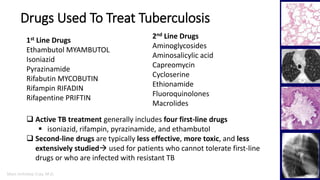 Marc Imhotep Cray, M.D.
Drugs Used To Treat Tuberculosis
14
1st Line Drugs
Ethambutol MYAMBUTOL
Isoniazid
Pyrazinamide
Rifabutin MYCOBUTIN
Rifampin RIFADIN
Rifapentine PRIFTIN
2nd Line Drugs
Aminoglycosides
Aminosalicylic acid
Capreomycin
Cycloserine
Ethionamide
Fluoroquinolones
Macrolides
 Active TB treatment generally includes four first-line drugs
 isoniazid, rifampin, pyrazinamide, and ethambutol
 Second-line drugs are typically less effective, more toxic, and less
extensively studied used for patients who cannot tolerate first-line
drugs or who are infected with resistant TB
 
