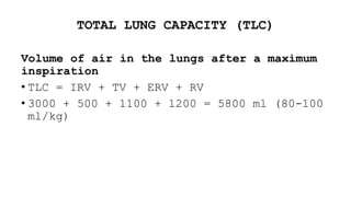 TOTAL LUNG CAPACITY (TLC)
Volume of air in the lungs after a maximum
inspiration
• TLC = IRV + TV + ERV + RV
• 3000 + 500 + 1100 + 1200 = 5800 ml (80-100
ml/kg)
 