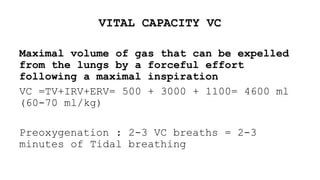 VITAL CAPACITY VC
Maximal volume of gas that can be expelled
from the lungs by a forceful effort
following a maximal inspiration
VC =TV+IRV+ERV= 500 + 3000 + 1100= 4600 ml
(60-70 ml/kg)
Preoxygenation : 2-3 VC breaths = 2-3
minutes of Tidal breathing
 