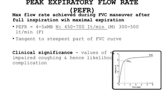 PEAK EXPIRATORY FLOW RATE
(PEFR)
Max flow rate achieved during FVC maneuver after
full inspiration wih maximal expiration
• PEFR = 4-5xMB N: 450-700 It/min (M) 300-500
lt/min (F)
• Tangent to steepest part of FVC curve
Clinical significance - values of <200L/min-
impaired coughing & hence likelihood of post-op
complication
 