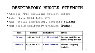 RESPIRATORY MUSCLE STRENGTH
• Affects PFTs requiring patient effort
• FVC, FEV1, peak flow, MVV
• Max. static inspiratory pressure (Plmax)
• Max static expiratory pressure (PEmax)
 