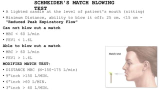 SCHNEIDER'S MATCH BLOWING
TEST
• A lighted candle at the level of patient's mouth (sitting)
• Minimum Distance, ability to blow it off: 25 cm. <15 cm -
"Reduced Peak Expiratory Flow"
Can not blow out a match
• MBC < 60 L/min
• FEV1 < 1.6L
Able to blow out a match
• MBC > 60 L/min
• FEV1 > 1.6L
MODIFIED MATCH TEST:
• DISTANCE MBC (N-150-175 L/min)
• 9”inch >150 L/MIN.
• 6”inch >60 L/MIN.
• 3”inch > 40 L/MIN.
 