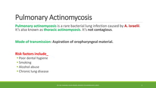 Pulmonary Actinomycosis
Pulmonary actinomycosis is a rare bacterial lung infection caused by A. israelii.
It’s also known as thoracic actinomycosis. It’s not contagious.
Mode of transmission: Aspiration of oropharyngeal material.
Risk factors include_
 Poor dental hygiene
 Smoking
 Alcohol abuse
 Chronic lung disease
DR. MD. SHAFIQUL ISLAM DEWAN, RESIDENT (PULMONOLOGY), DMCH 3
 