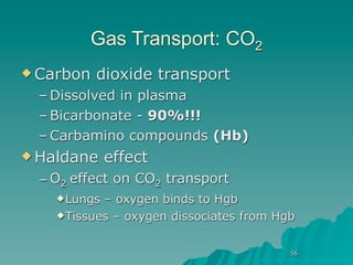 Gas Transport: CO2
 Carbon   dioxide transport
  – Dissolved in plasma
  – Bicarbonate - 90%!!!
  – Carbamino compounds (Hb)
 Haldane     effect
  – O2 effect on CO2 transport
     Lungs – oxygen binds to Hgb
     Tissues – oxygen dissociates from Hgb



                                          56
 